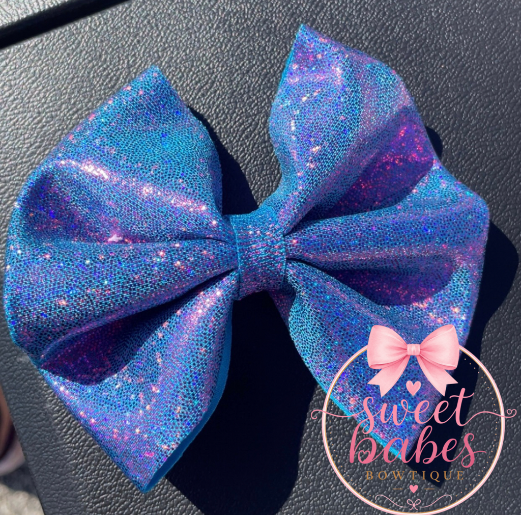 Holographic blue glitter bows